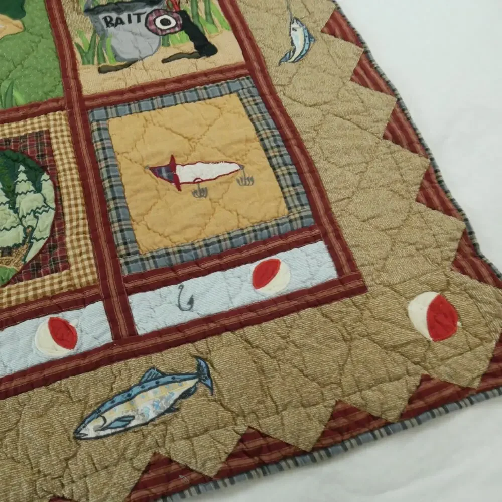 Vintage Applique‎ Fishing Quilt Man Cave Cabin Outdoor Novelty Patch Magic 58x49